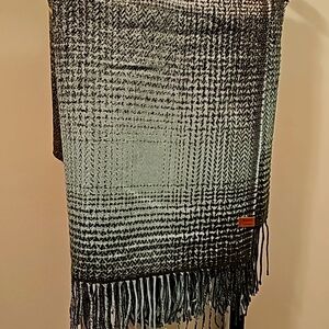 Large scarf from roots. Greens, purple and yellow stripe